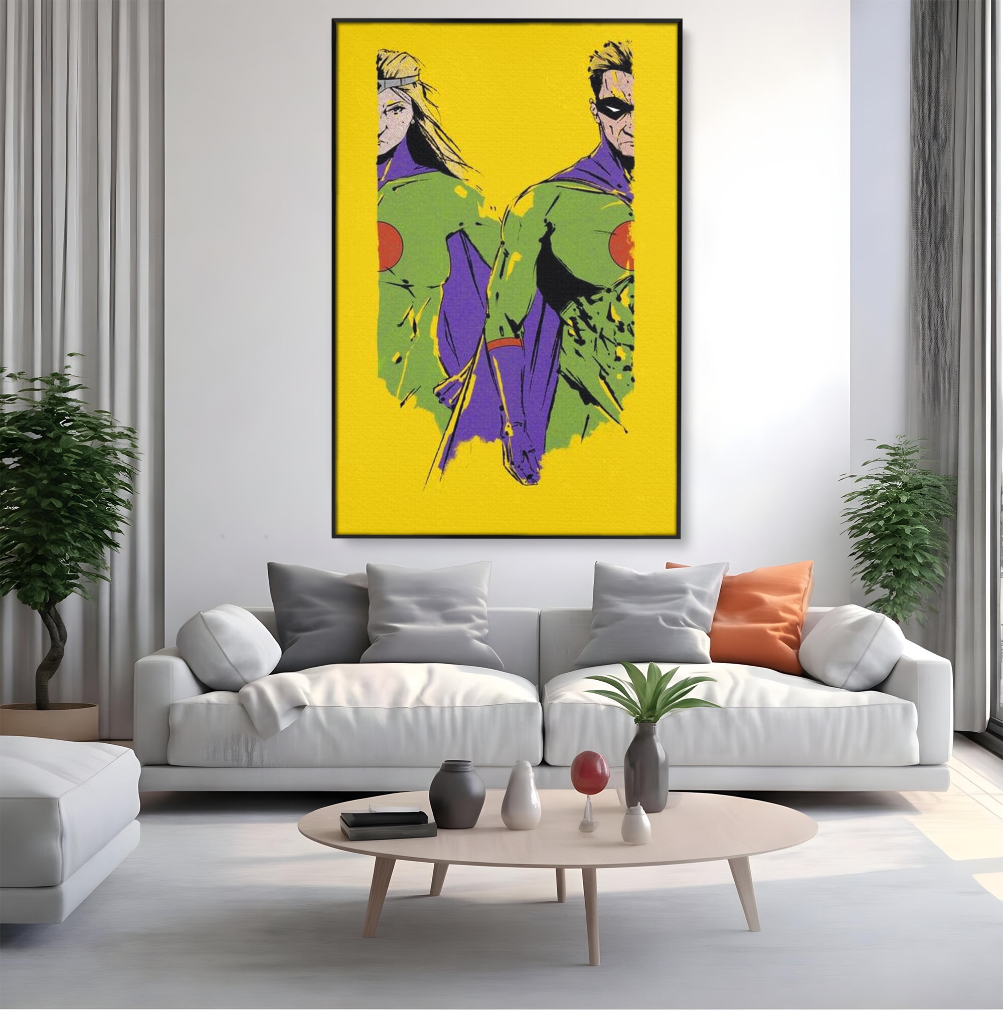 Tablou canvas cu tablou canvas cu doi supereroi pe fundal galben, in rama de aluminiu negru, pe perete intr-un living